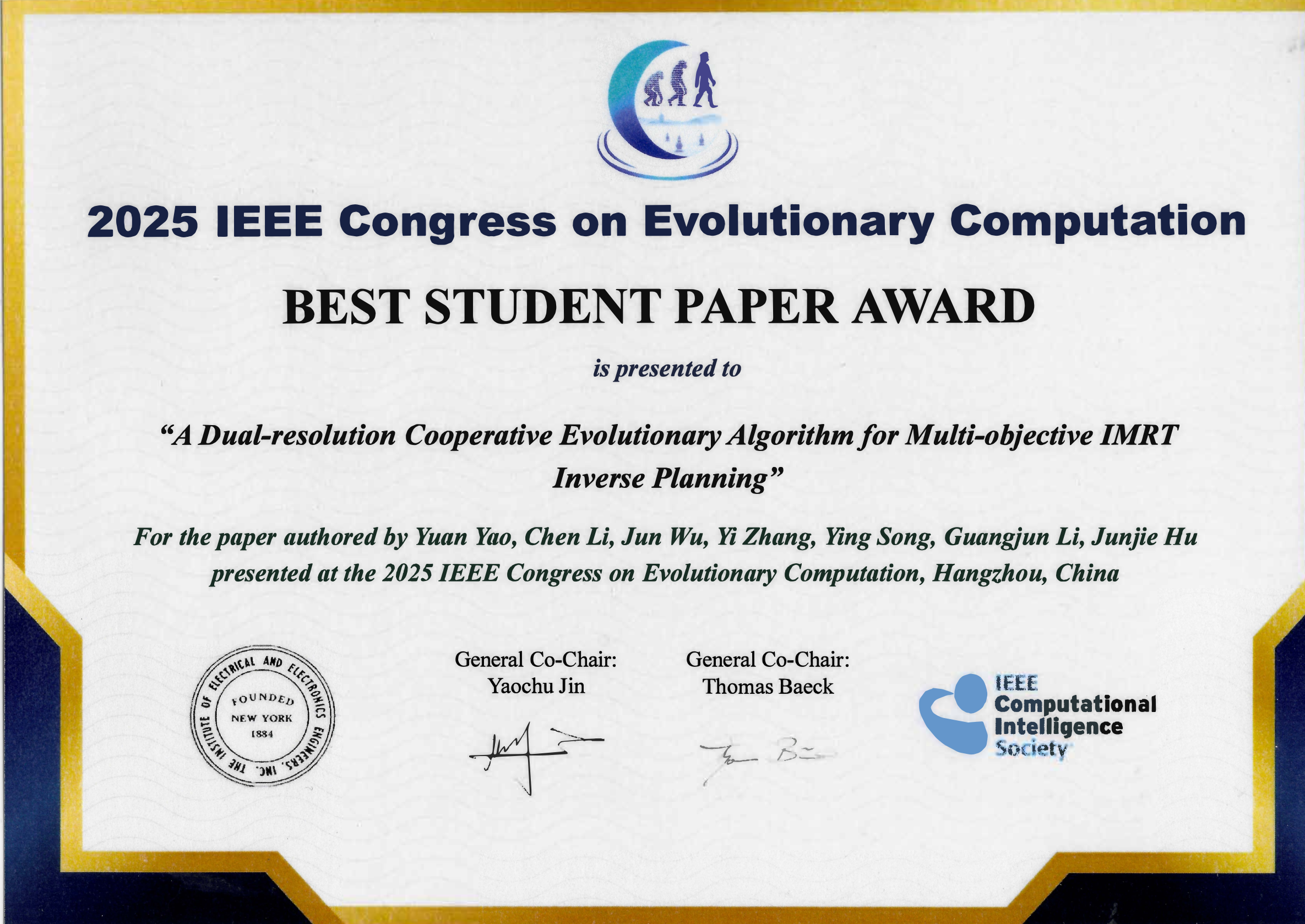 CEC 2025 Best Student Paper Award